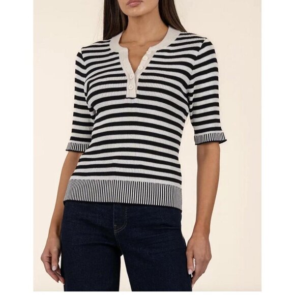 Kut from the Kloth SZM Alora Henley stripe sweater 90's Black & Ivory Preppy Y2K - Picture 1 of 10